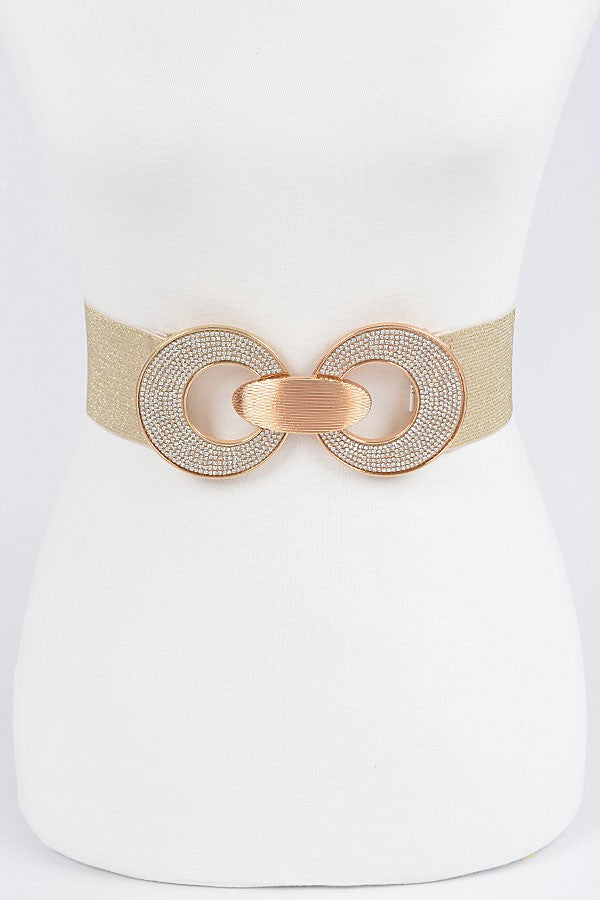 Rhinestone Double Buckle Metallic Elastic Belt - Gold
