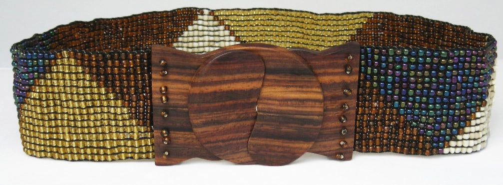 HAND LOOMED GLASS BEAD BELT - WOOD SCROOL TRIANGLES IN BROWN