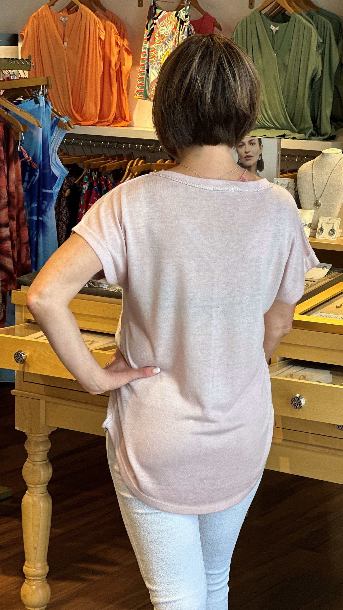 Italian V Neck Top - Metallic Pink