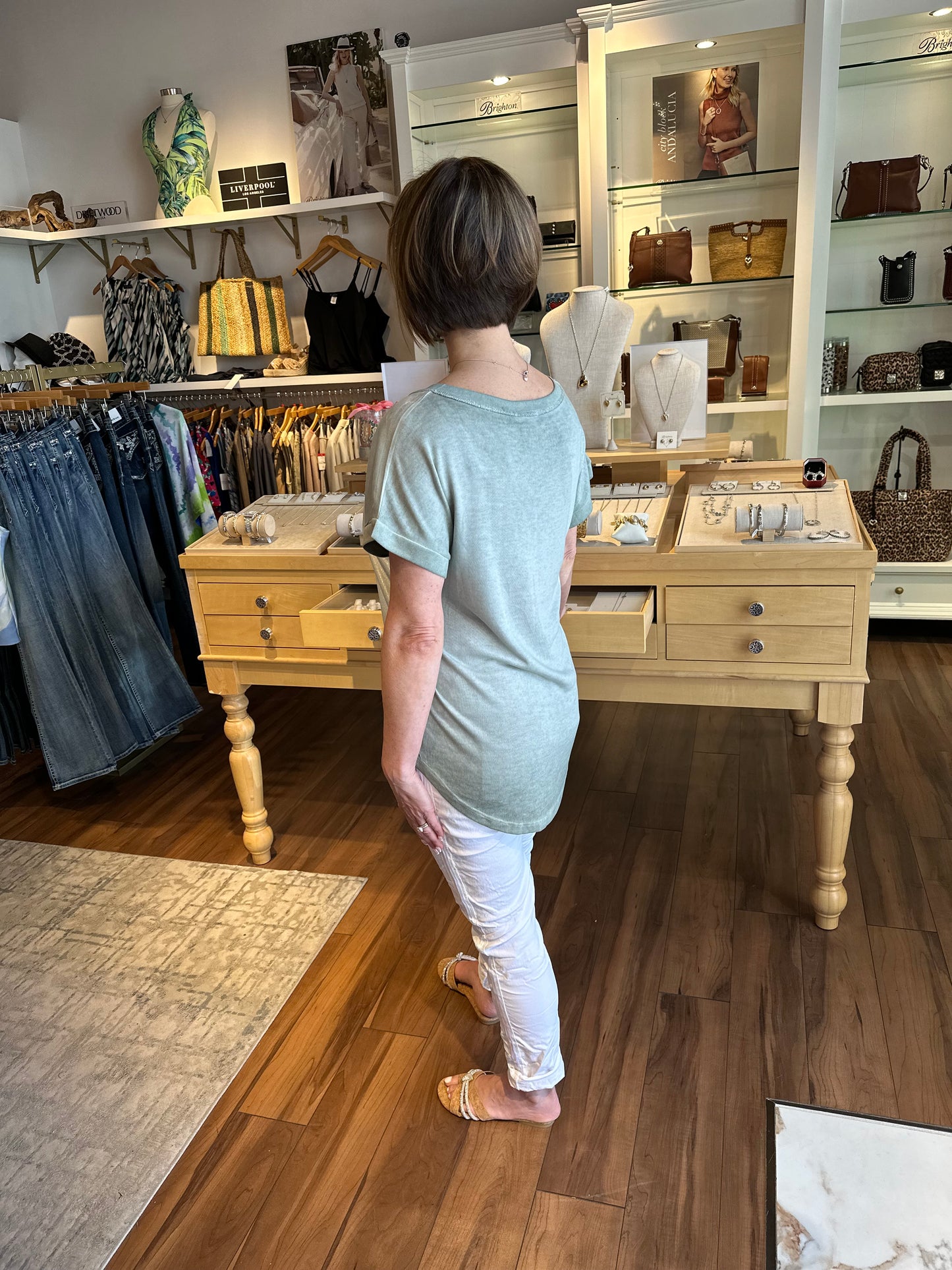 Italian V Neck Top - Metallic Olive