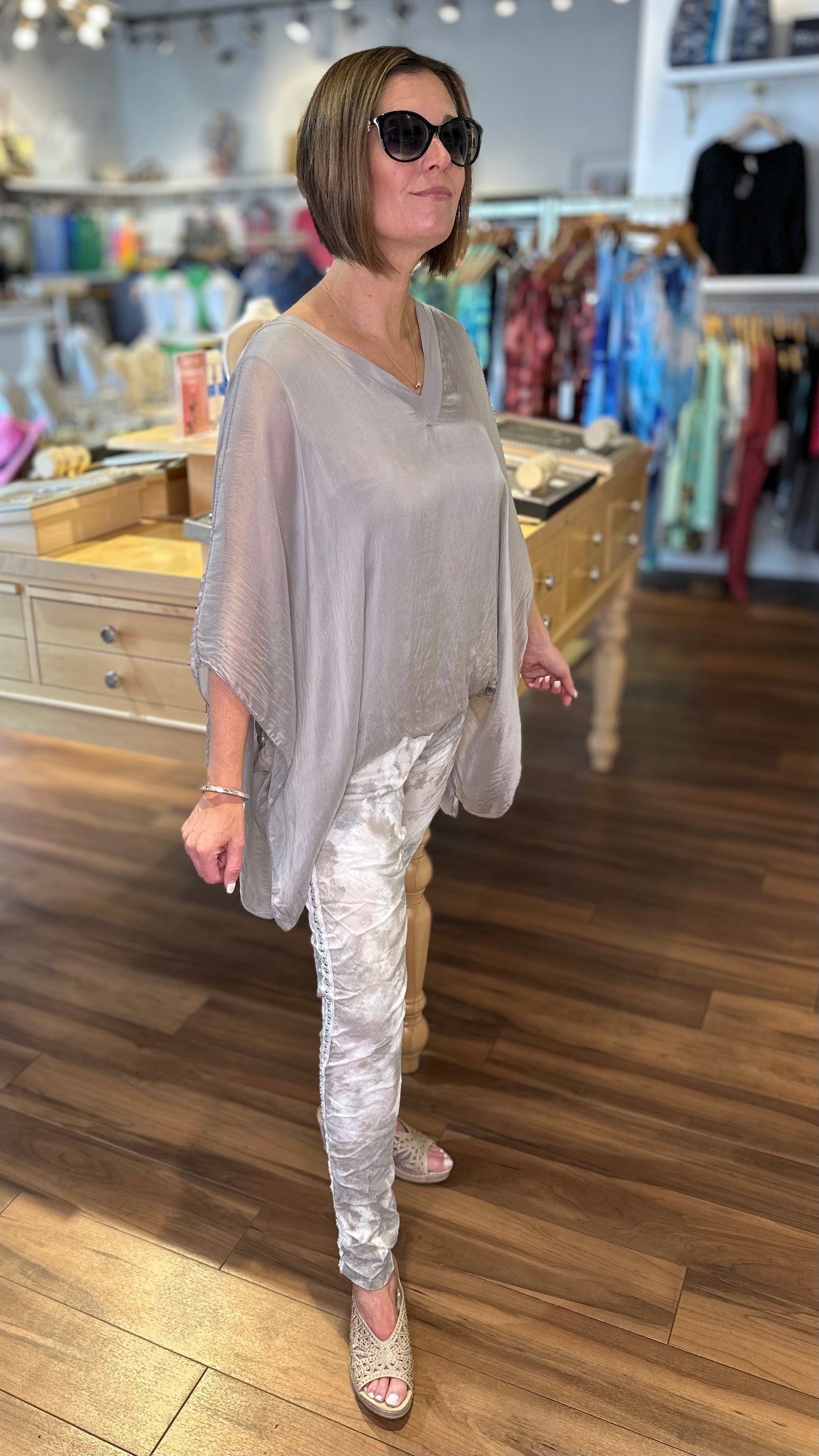 Italian Silk V Neck Flowy Top - Taupe