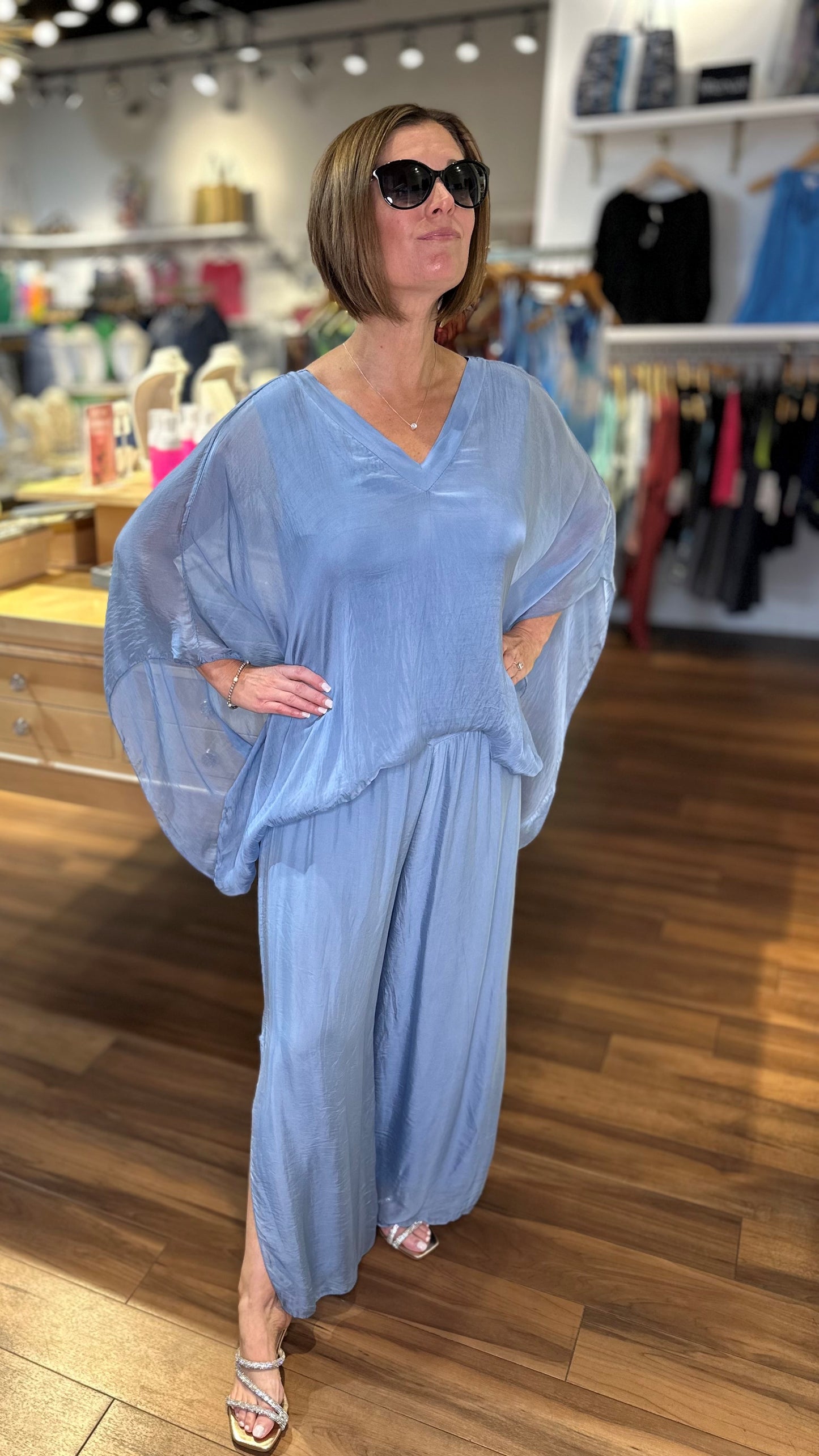 Italian Silk V Neck Flowy Top - Light Blue