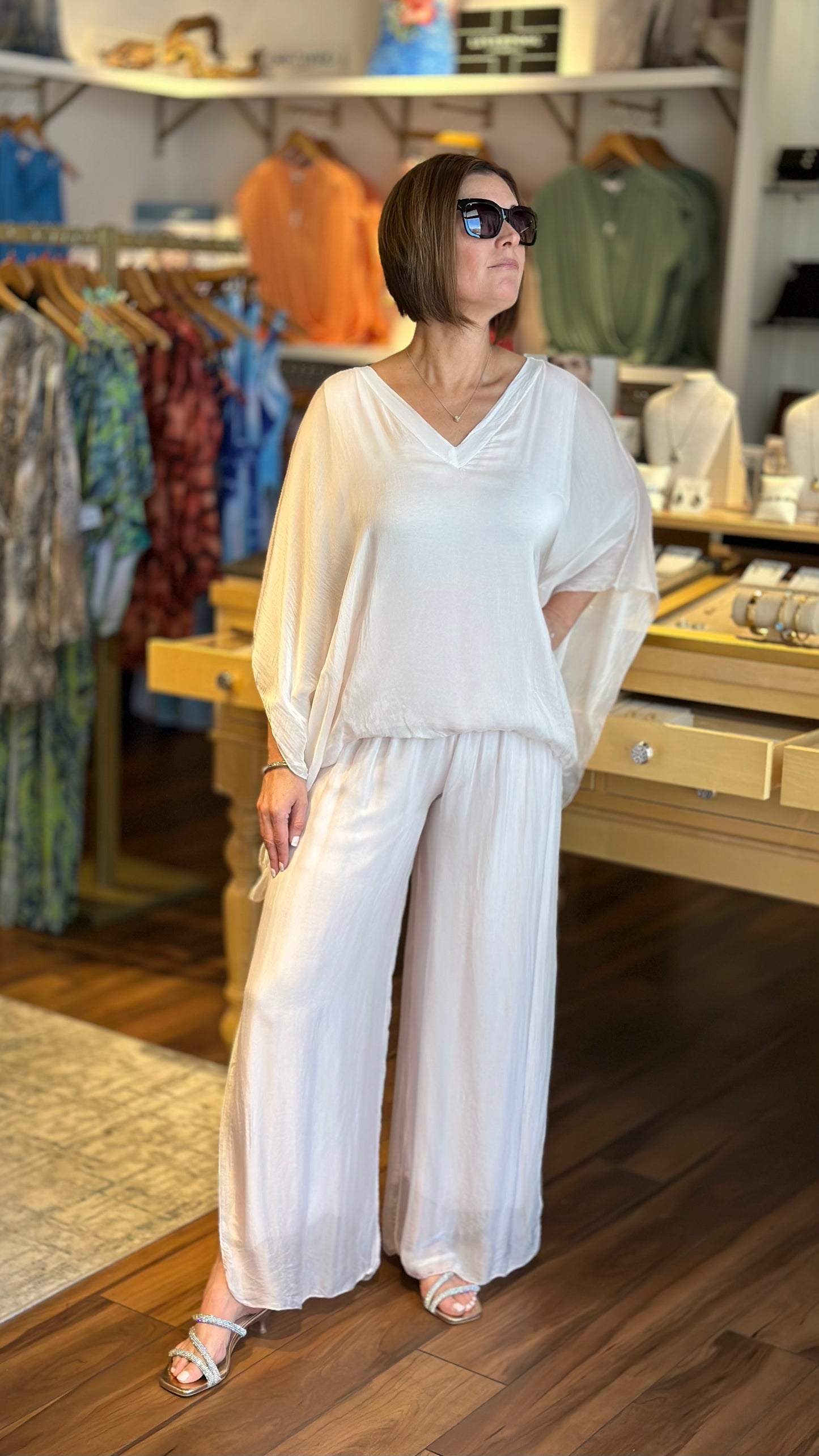 Italian Silk V Neck Flowy Top - Light Pink