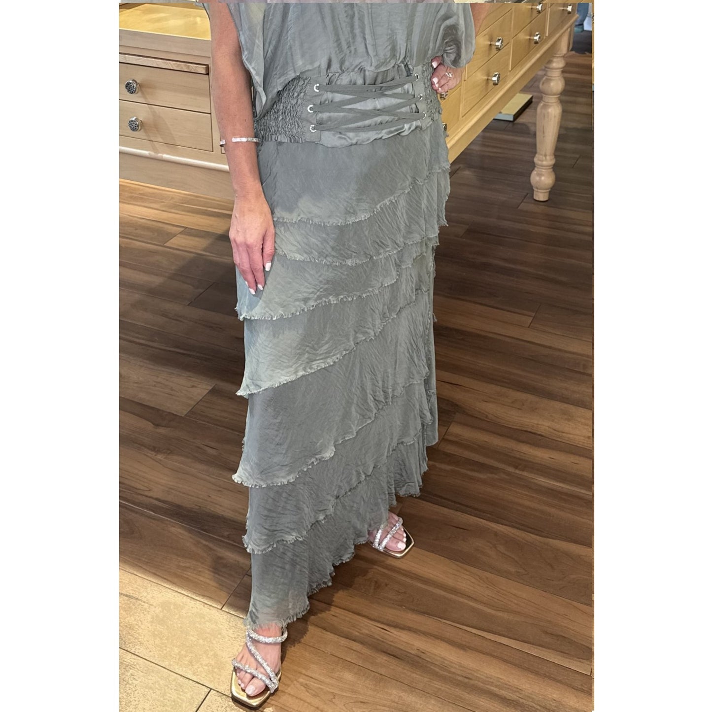 Italian Silk Long Skirt - Olive