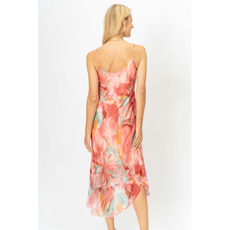 FLORAL PRINTED SILK DRESS - CORAL