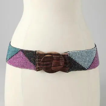 HAND LOOMED GLASS BEAD BELT - WOOD SCROLL TRIANGLES