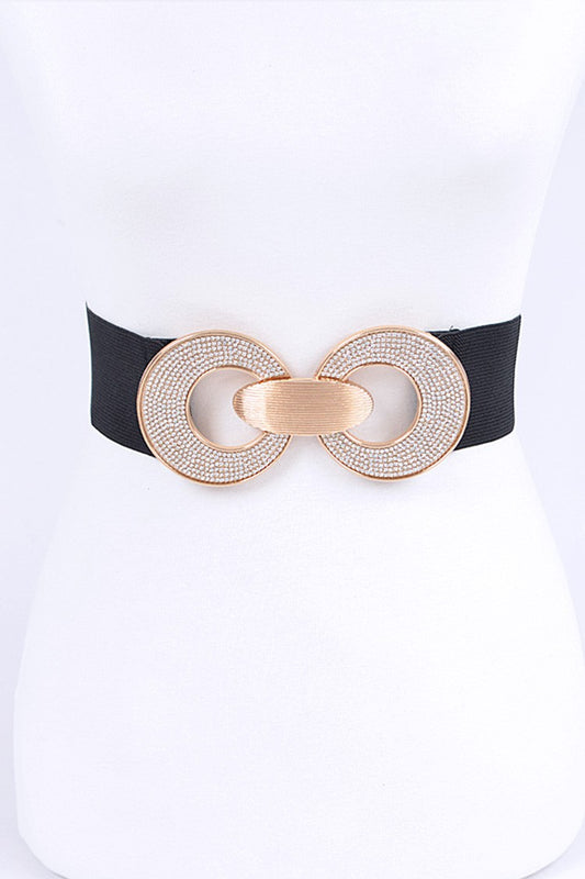 Rhinestone Double Buckle Metallic Elastic Belt - Black