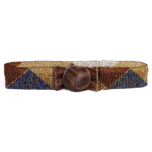 HAND LOOMED GLASS BEAD BELT - WOOD SCROOL TRIANGLES IN BROWN