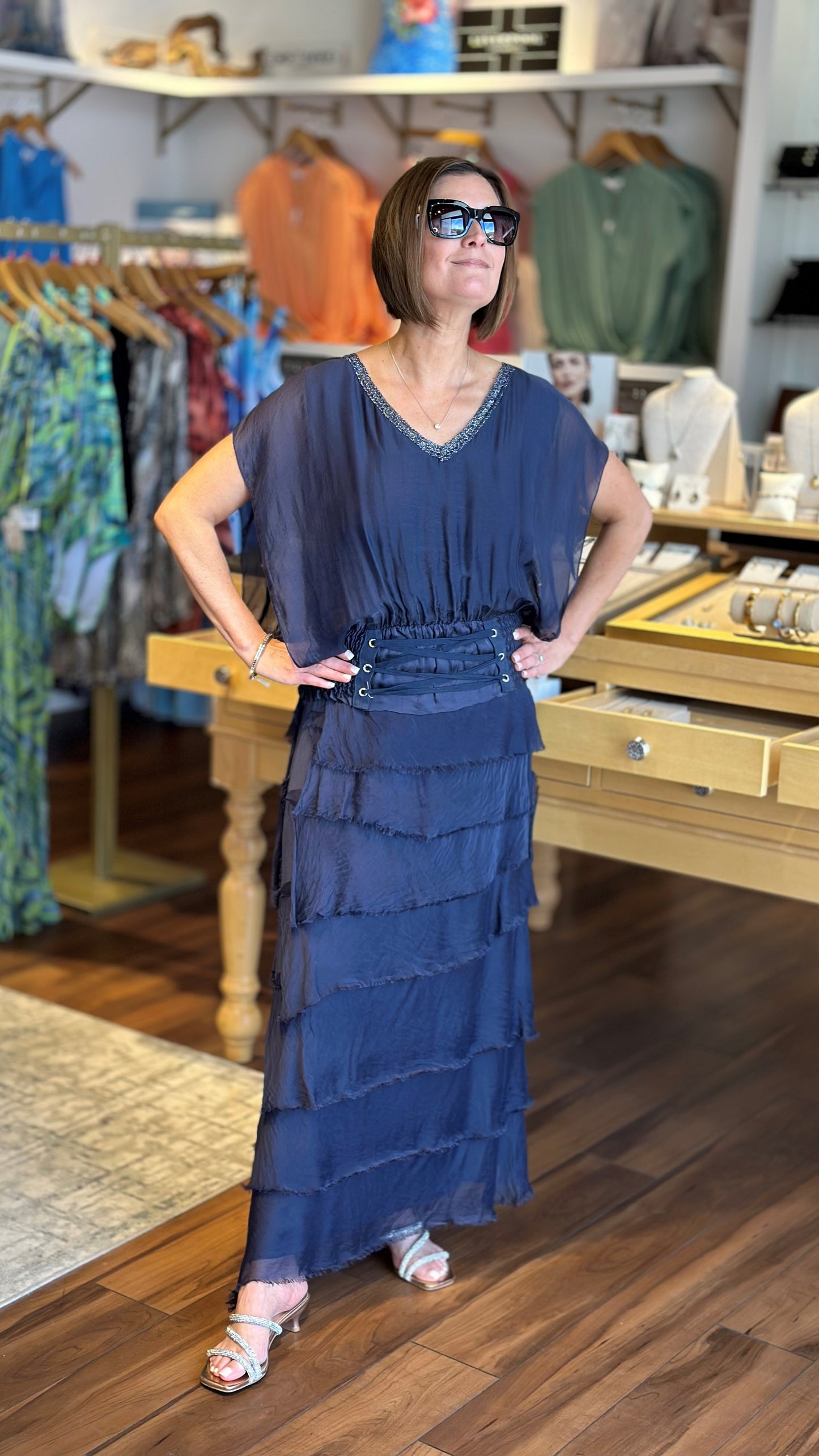 Italian Silk Long Skirt - Navy