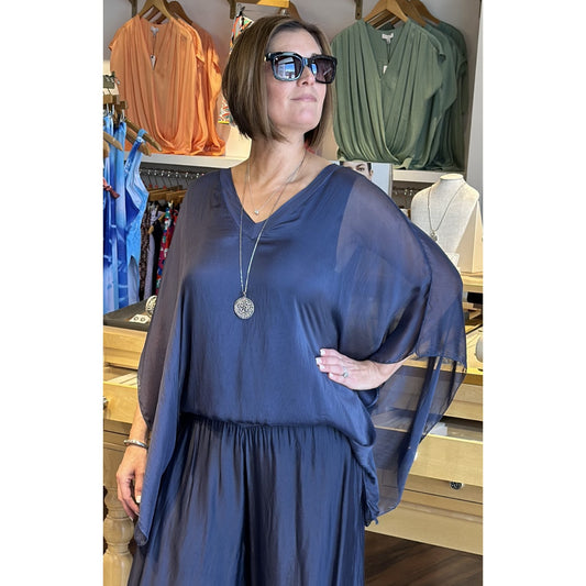 Italian Silk V Neck Flowy Top - Navy