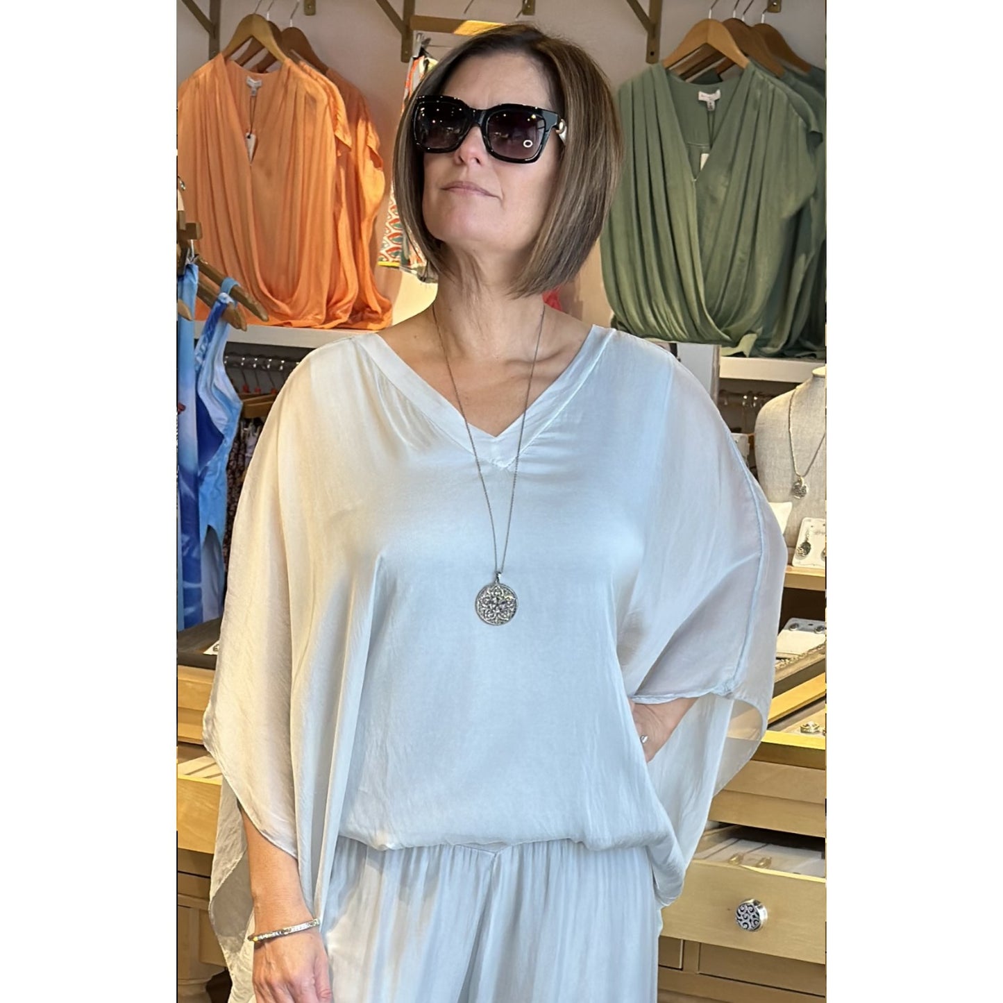 Italian Silk V Neck Flowy Top - Light Grey