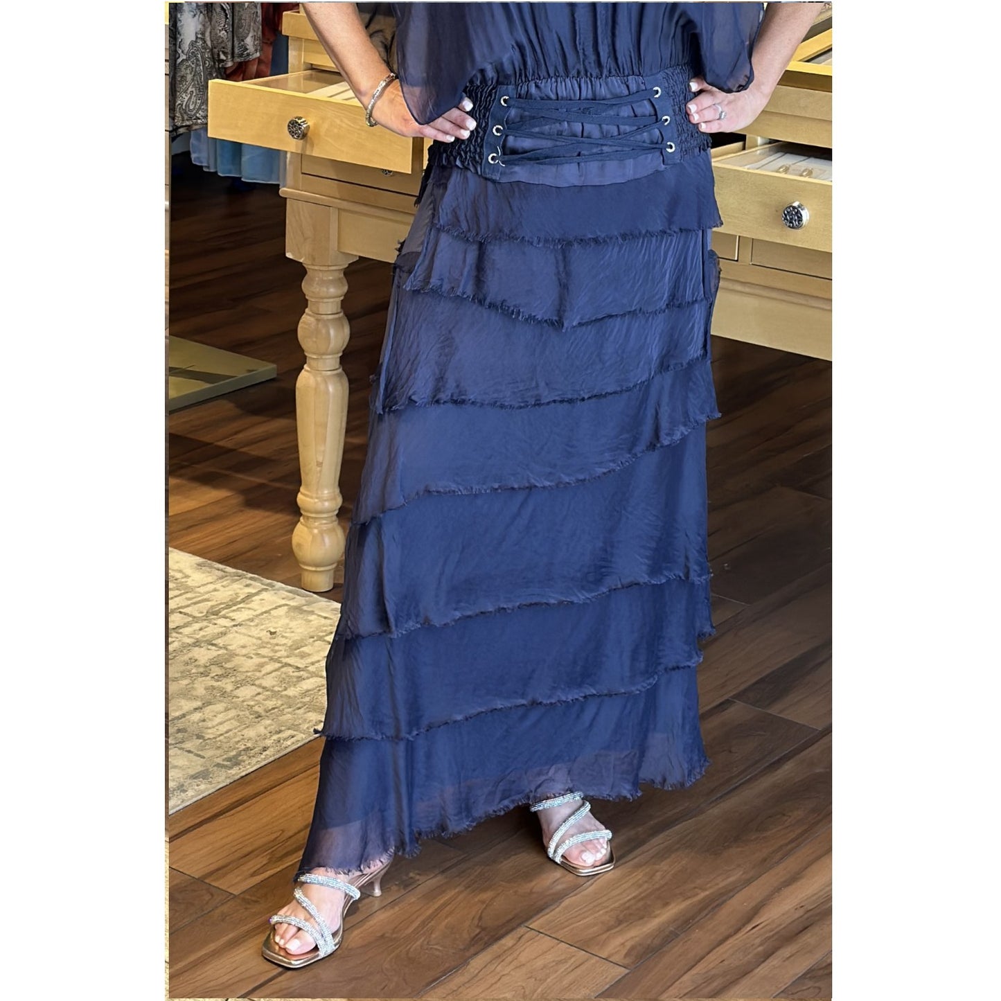 Italian Silk Long Skirt - Navy