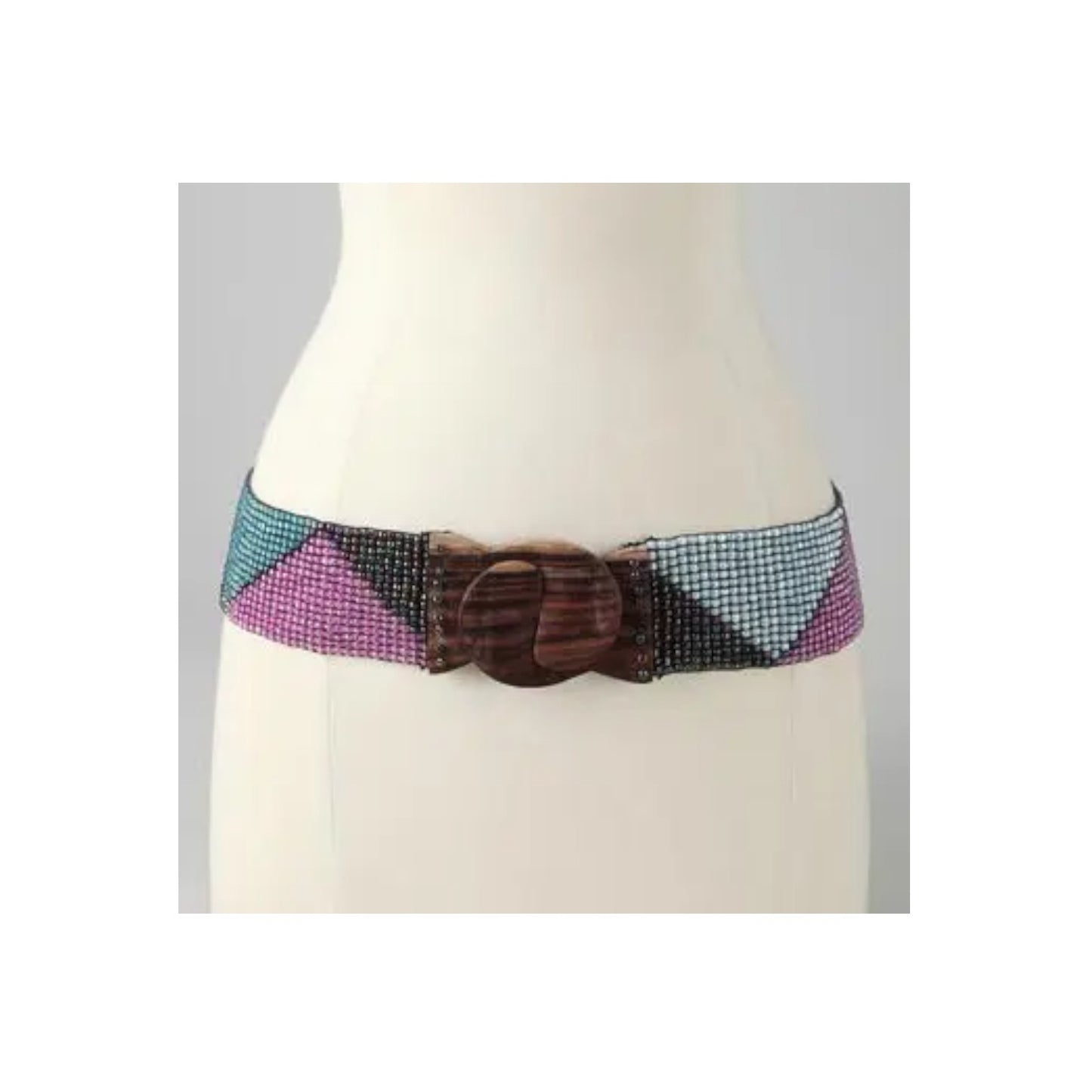 HAND LOOMED GLASS BEAD BELT - WOOD SCROLL TRIANGLES